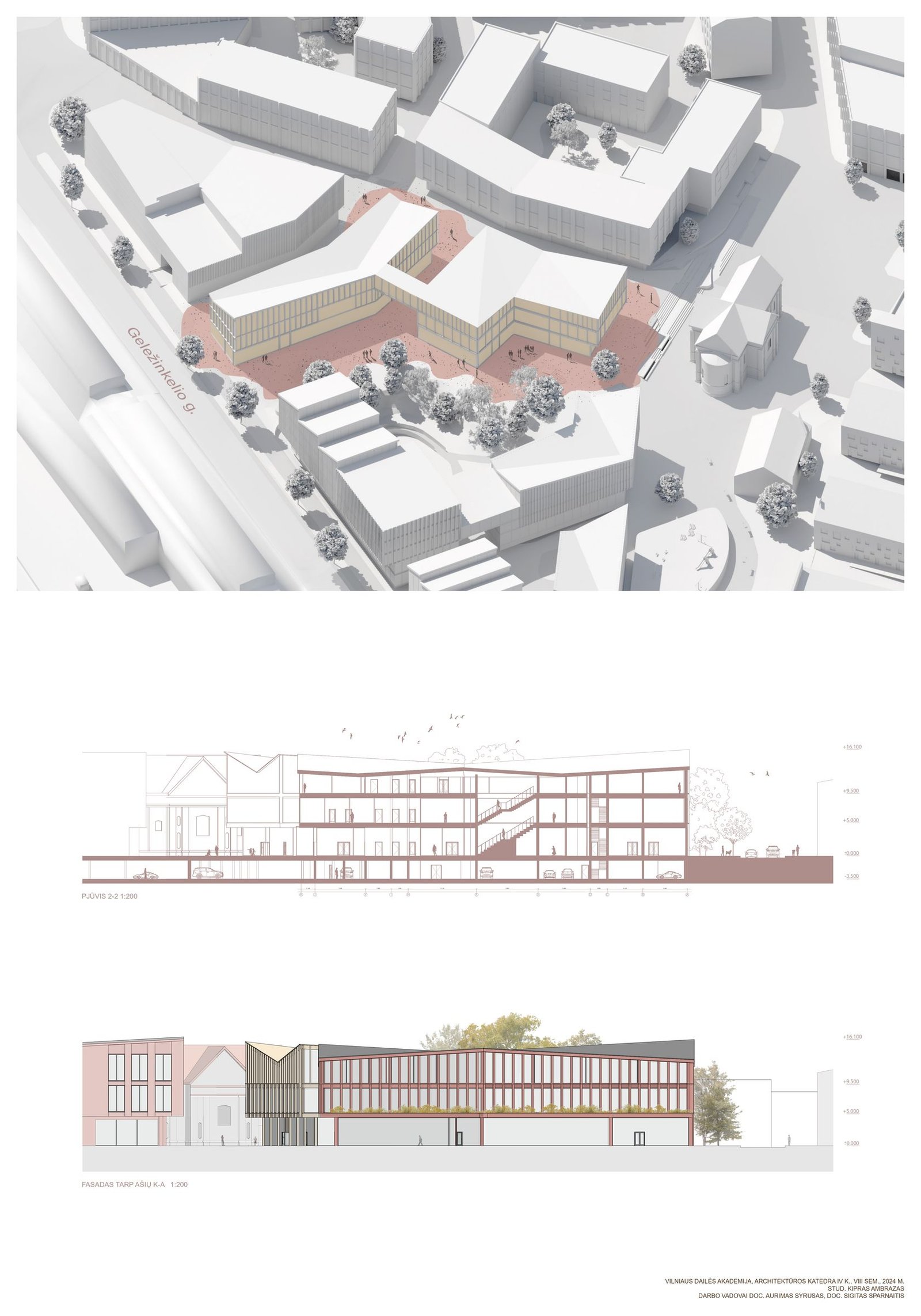 Projekto planšetas — brėžiniai, pjūviai ir vizualizacijos.