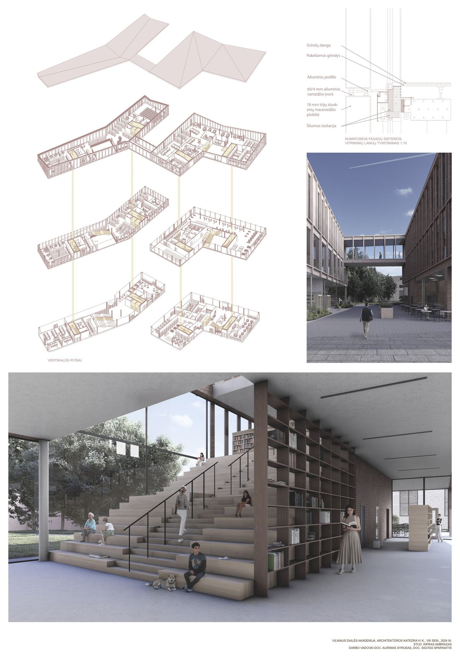 Projekto planšetas — brėžiniai, pjūviai ir vizualizacijos.